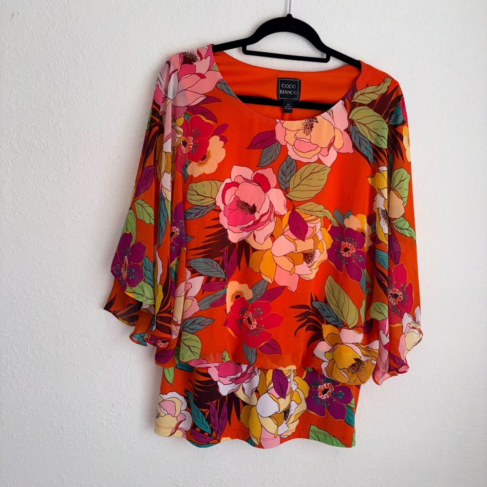 Coco Bianco Floral Popover Cape Blouse XL Orange Excellent Split Sleeve Top